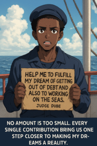 Anime-style illustration of Judge Dube, a determined young African man in a navy sailor outfit, standing on a ship deck holding a cardboard sign that reads 'Help me to fulfill my dream of getting out of debt and also to working on the seas – Judge Dube.' Behind him, the ocean stretches under a bright blue sky with clouds. A heartfelt message at the bottom urges support for his dream.