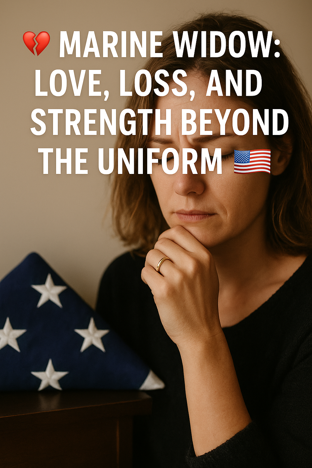 Marine widow sitting solemnly beside a folded American flag, wearing a gold wedding ring, with text overlay reading ‘💔 Marine Widow: Love, Loss, and Strength Beyond the Uniform 🇺🇸.