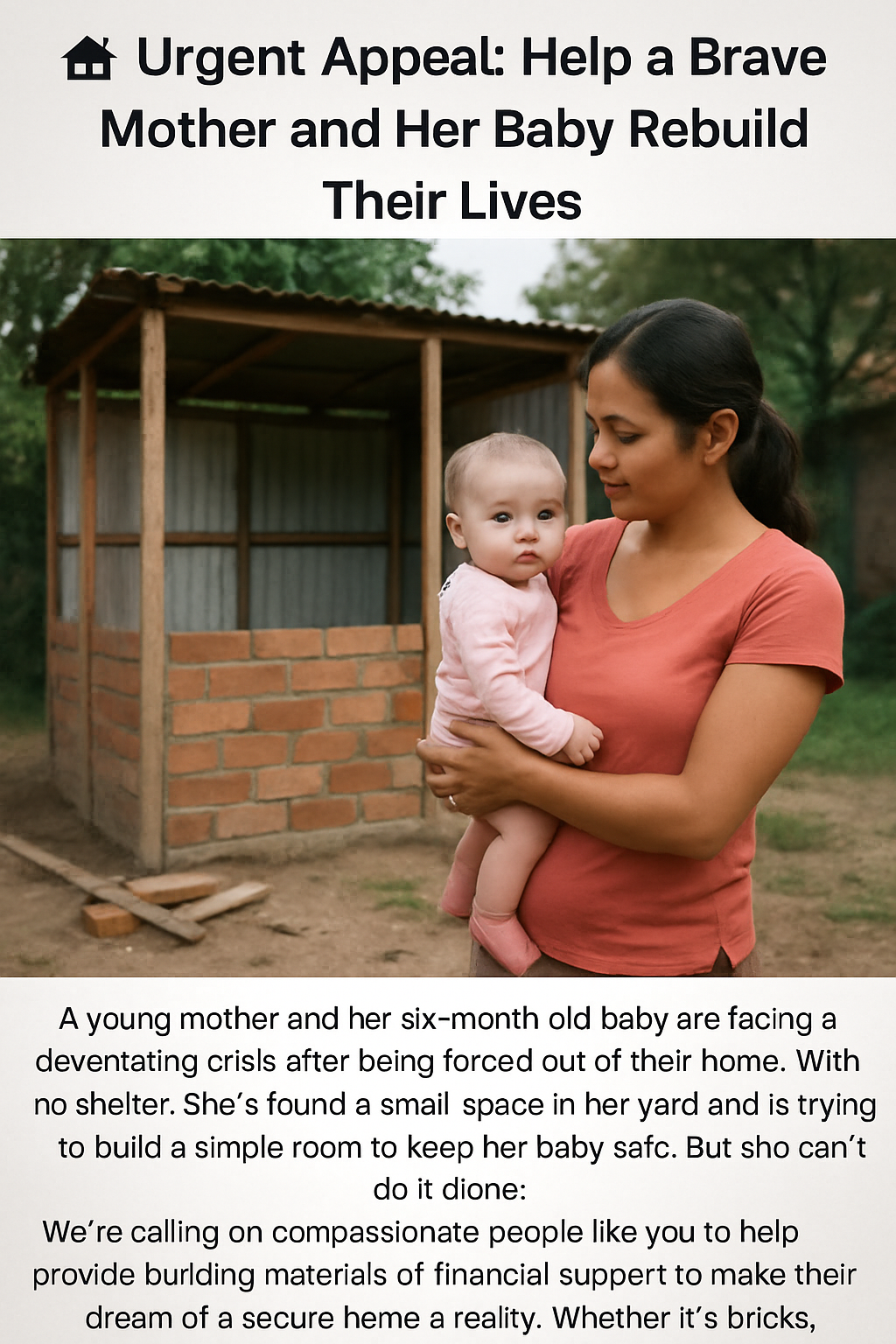 A young mother holds her six-month-old baby in front of a partially built shelter made of bricks and tin sheets. The mother looks lovingly at her child, symbolizing strength and hope amidst hardship. The image is part of a fundraising appeal to help them build a safe home.