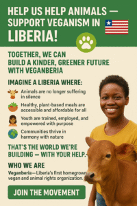 A smiling young Liberian boy stands beside a baby calf, symbolizing compassion and animal rights. The poster headline reads: “Help Us Help Animals — Support Veganism in Liberia!” with icons showing animals, plant-based food, youth empowerment, and environmental harmony. A call-to-action button at the bottom says: “Join the Movement.