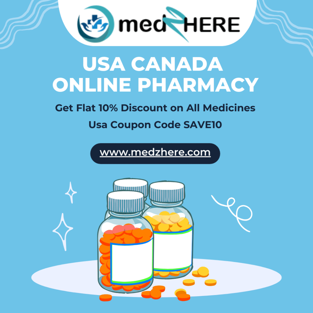 MedzHere online pharmacy promo banner with colorful medicine pills, bottles, and blister packs. Coupon codes SAVE10 and MEDE10 offering discounts on medicines.