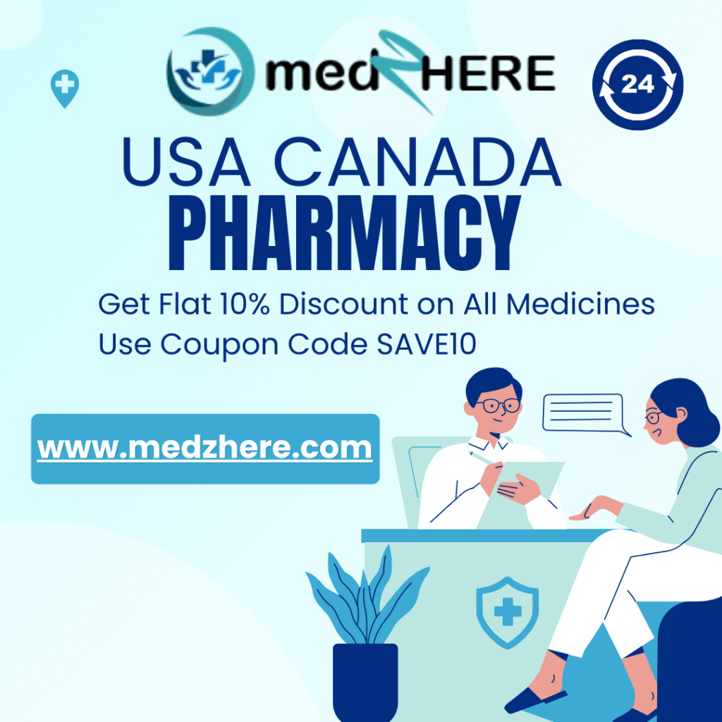 MedzHere online pharmacy promo banner with colorful medicine pills, bottles, and blister packs. Coupon codes SAVE10 and MEDE10 offering discounts on medicines.