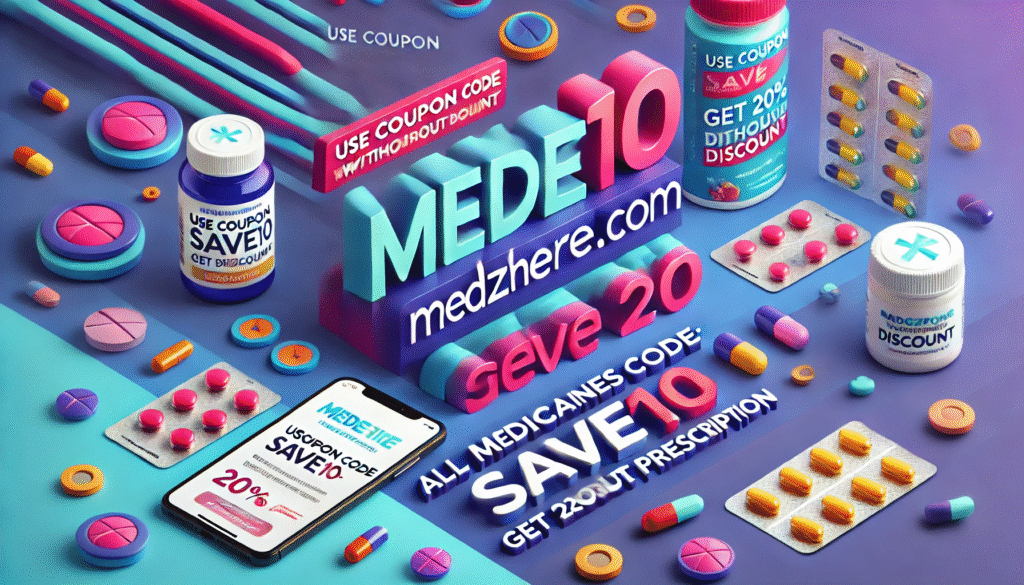 "MedzHere online pharmacy promo banner with colorful medicine pills, bottles, and blister packs. Coupon codes SAVE10 and MEDE10 offering discounts on medicines."