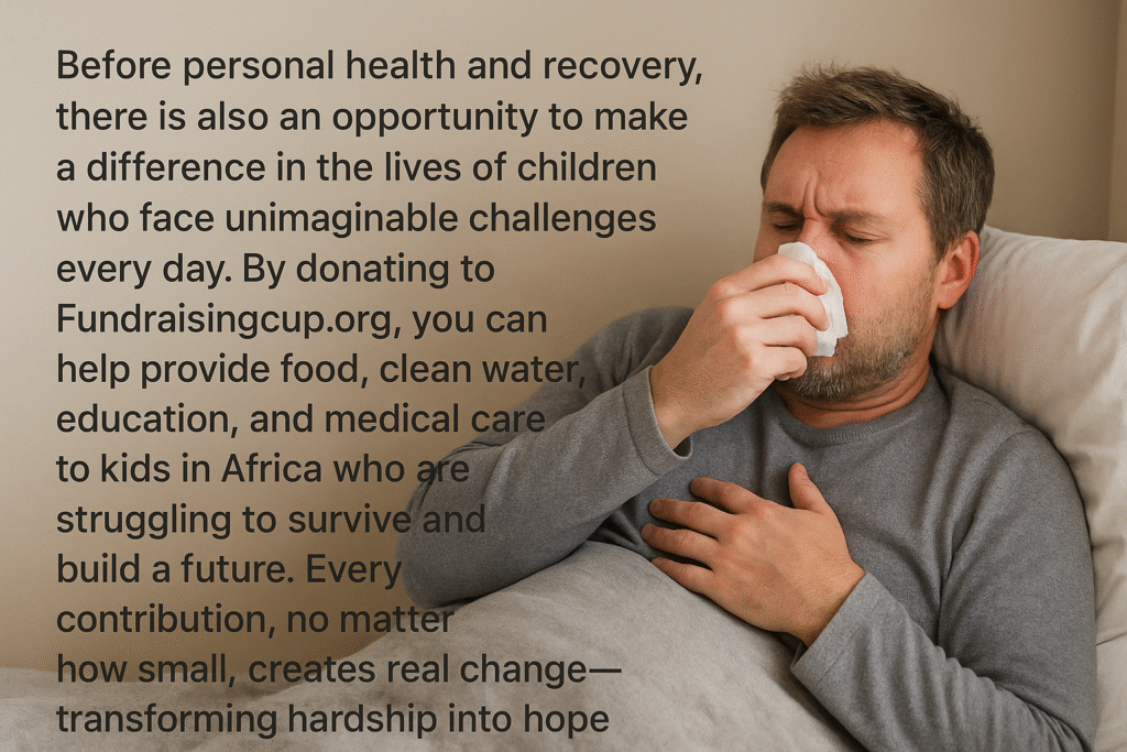A middle-aged man with disheveled hair rests in bed, holding a tissue to his nose, looking unwell. To the left, text encourages donations to Fundraisingcup.org to help provide food, clean water, education, and medical care for children in Africa.
