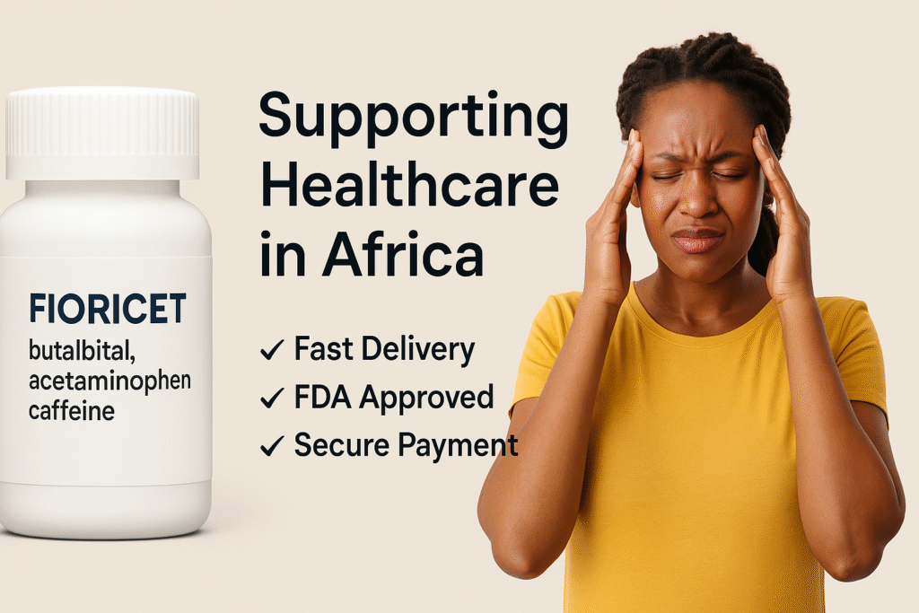 Promotional image with a Fioricet pill bottle on the left and an African woman holding her head in pain on the right, with text about supporting healthcare in Africa and bullet points highlighting delivery, secure payments, FDA approval, and 24/7 support.