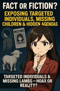 Featuring a serious young woman with long brown hair in a red blazer, holding her chin in deep thought. Behind her are symbolic black-and-white images: a man being tracked, a missing child poster, and a lamb representing innocence. Bold text reads “Fact or Fiction? Exposing Targeted Individuals, Missing Children & Hidden Agendas.”
