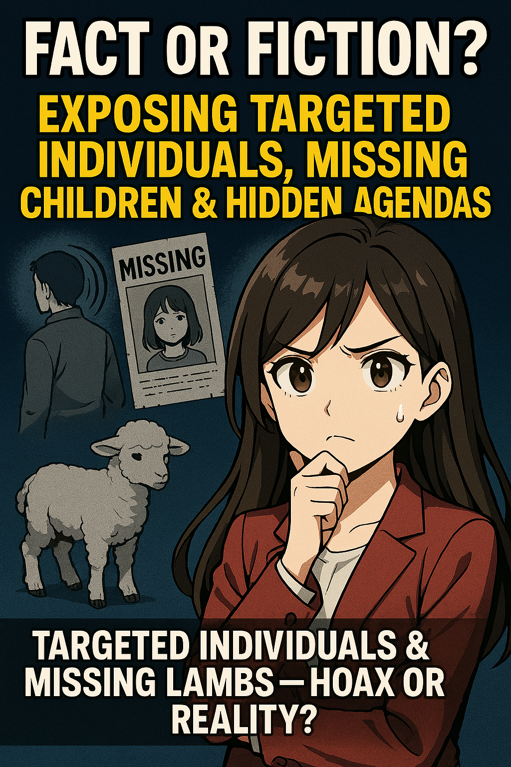Featuring a serious young woman with long brown hair in a red blazer, holding her chin in deep thought. Behind her are symbolic black-and-white images: a man being tracked, a missing child poster, and a lamb representing innocence. Bold text reads “Fact or Fiction? Exposing Targeted Individuals, Missing Children & Hidden Agendas.”