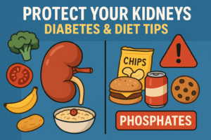An educational graphic split into two sides: the left side shows a healthy kidney with broccoli, tomato, banana, potato, and a bowl of oatmeal, representing healthy foods; the right side shows a red warning sign with chips, burger, soda, and cookie labeled “phosphates,” representing harmful processed foods. Text reads “Protect Your Kidneys: Diabetes & Diet Tips.