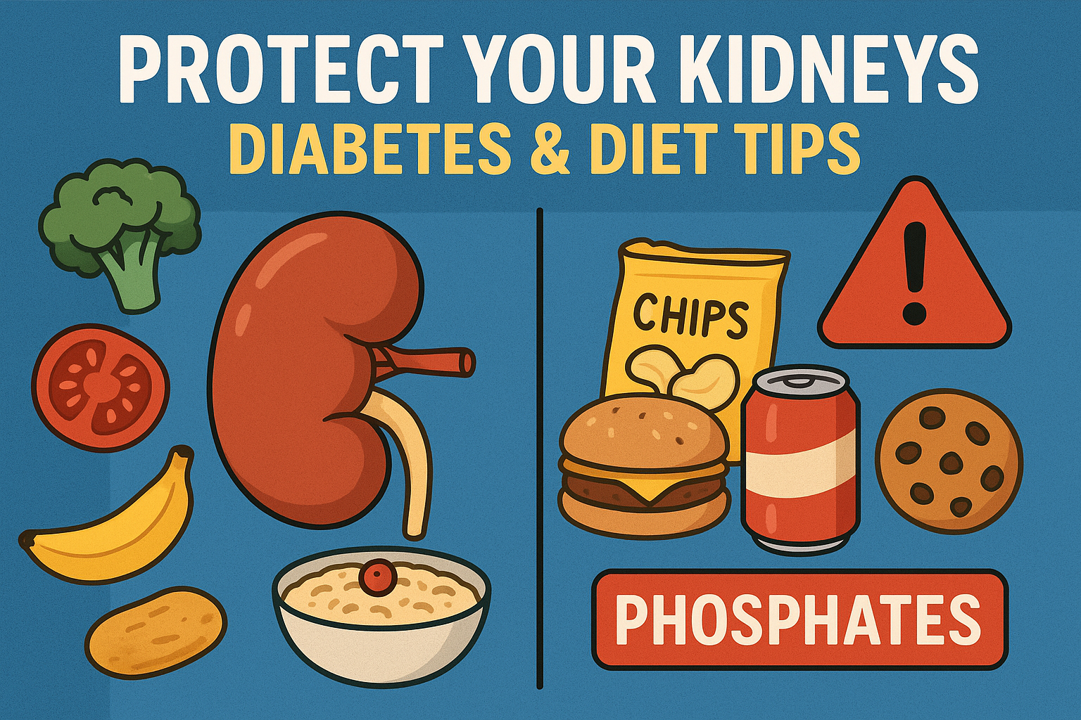 An educational graphic split into two sides: the left side shows a healthy kidney with broccoli, tomato, banana, potato, and a bowl of oatmeal, representing healthy foods; the right side shows a red warning sign with chips, burger, soda, and cookie labeled “phosphates,” representing harmful processed foods. Text reads “Protect Your Kidneys: Diabetes & Diet Tips.