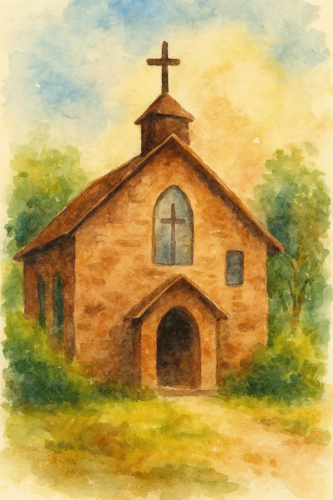 A small brick church with a cross-topped roof, surrounded by trees under a warm, colorful sky—symbolizing faith, hope, and the need for support in a vulnerable community.