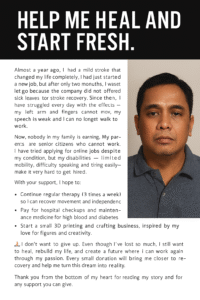 Portrait of a solemn middle-aged man beside a heartfelt written appeal titled “Help Me Heal and Start Fresh,” describing his stroke recovery, family loss, financial hardship, and dream to start a small 3D printing business from home.