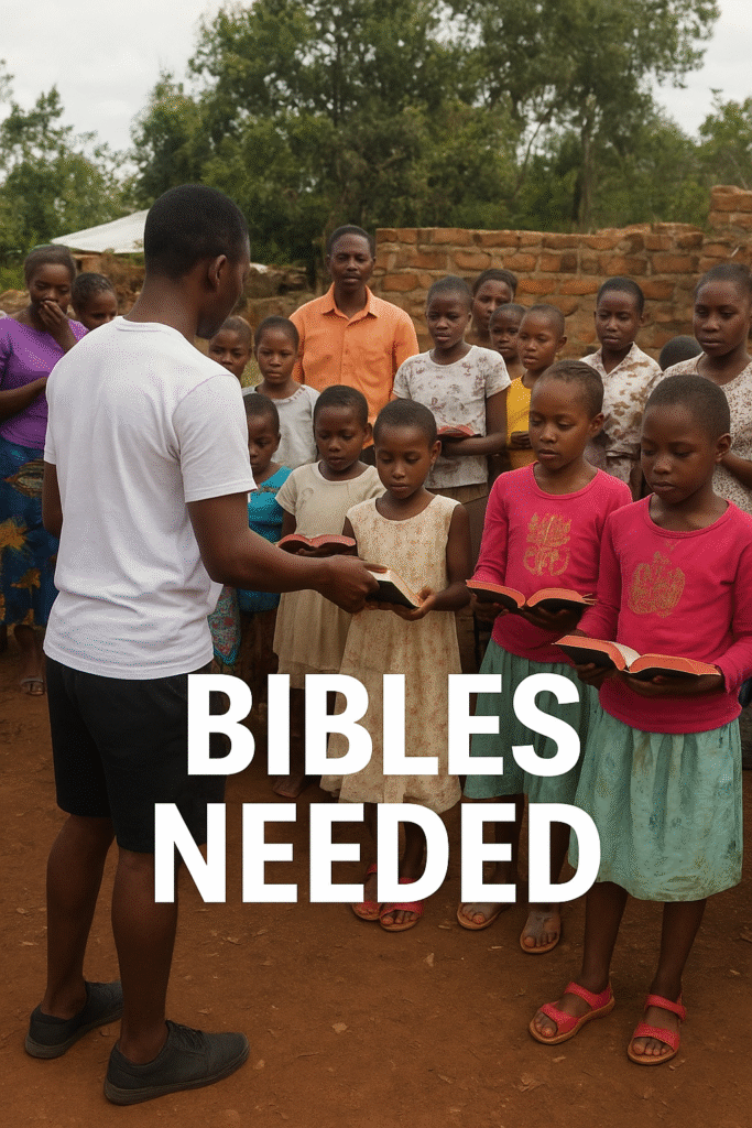 A group of Kenyan children and adults stand outdoors holding red Bibles while a young man distributes them, with the words “BIBLES NEEDED” written in white text across the image.