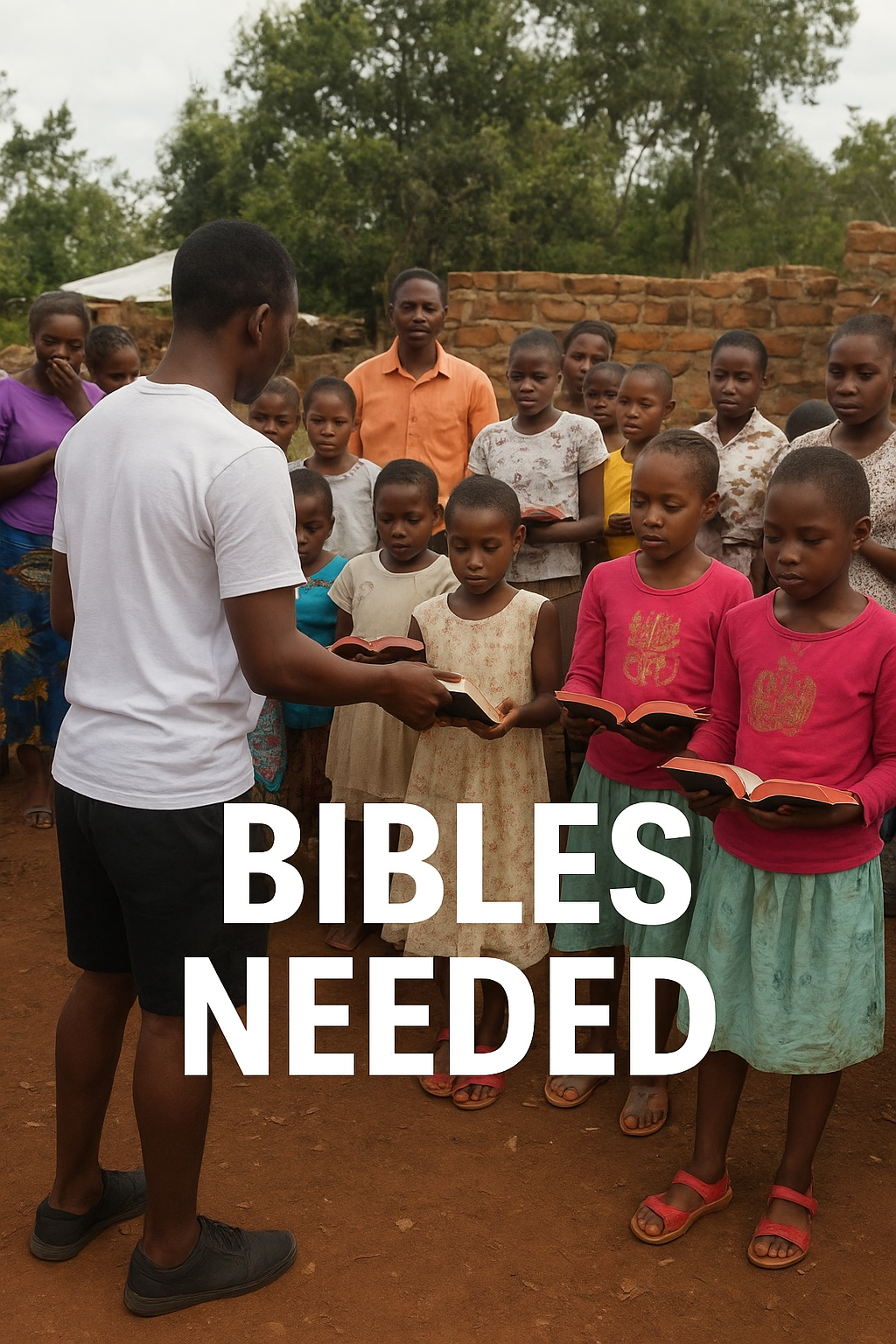 A group of Kenyan children and adults stand outdoors holding red Bibles while a young man distributes them, with the words “BIBLES NEEDED” written in white text across the image.
