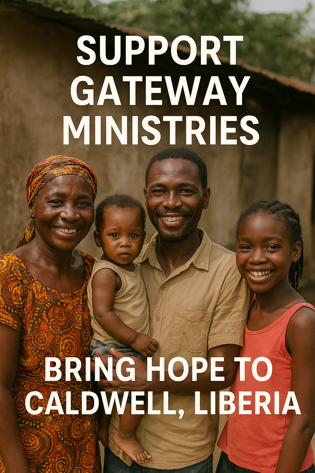 A smiling Liberian family of four stands together outside near a rustic home. The mother wears a patterned headscarf and dress, the father holds a young child, and an older girl smiles brightly. Bold white text reads: “SUPPORT GATEWAY MINISTRIES” and “BRING HOPE TO CALDWELL, LIBERIA.