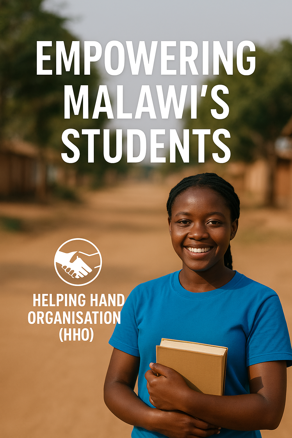 A smiling Malawian student stands outdoors holding books, wearing a blue shirt, with the text “Empowering Malawi’s Students” and the Helping Hand Organisation (HHO) logo displayed above her.