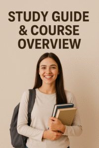 A smiling young woman holding books and wearing a backpack stands against a beige background with the text “Study Guide & Course Overview” written above her in bold letters.