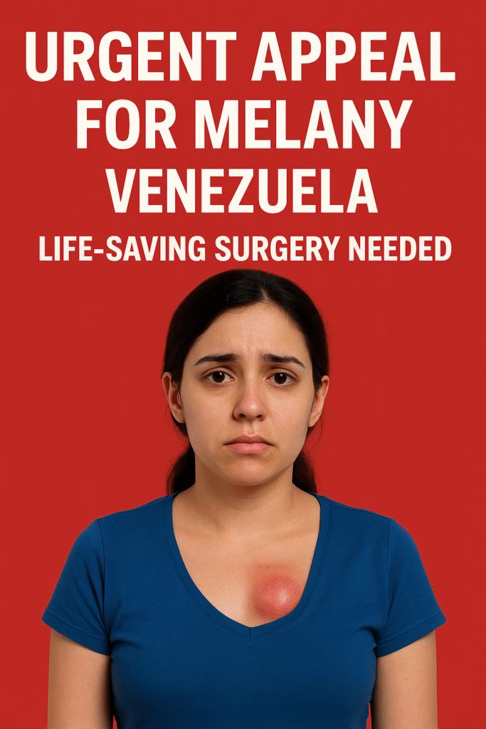 A young woman with a serious expression stands against a red background, wearing a blue shirt and showing a swollen red lump on her chest. Text above her reads “Urgent Appeal for Melany Venezuela – Life-Saving Surgery Needed.