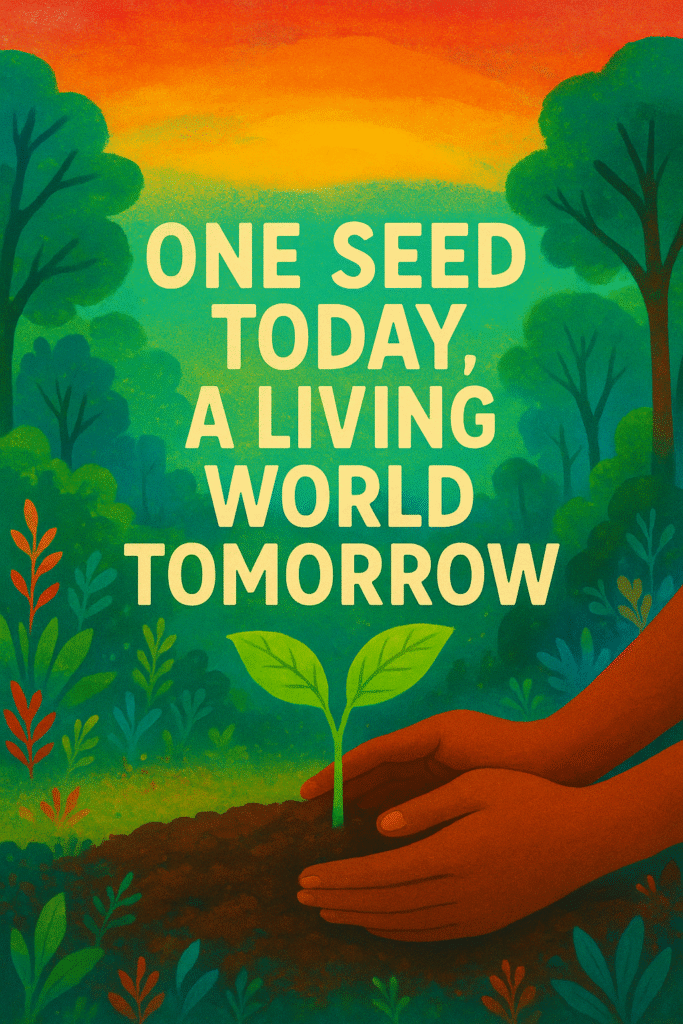 Hands gently planting a small green sapling in rich soil, surrounded by colorful plants and trees under a bright orange, yellow, and green sky with the words “One seed today, a living world tomorrow” in bold letters.