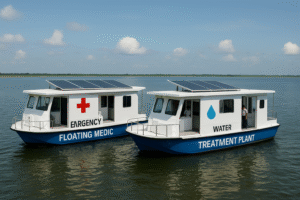 Two solar-powered boats providing floating medical care and clean water.