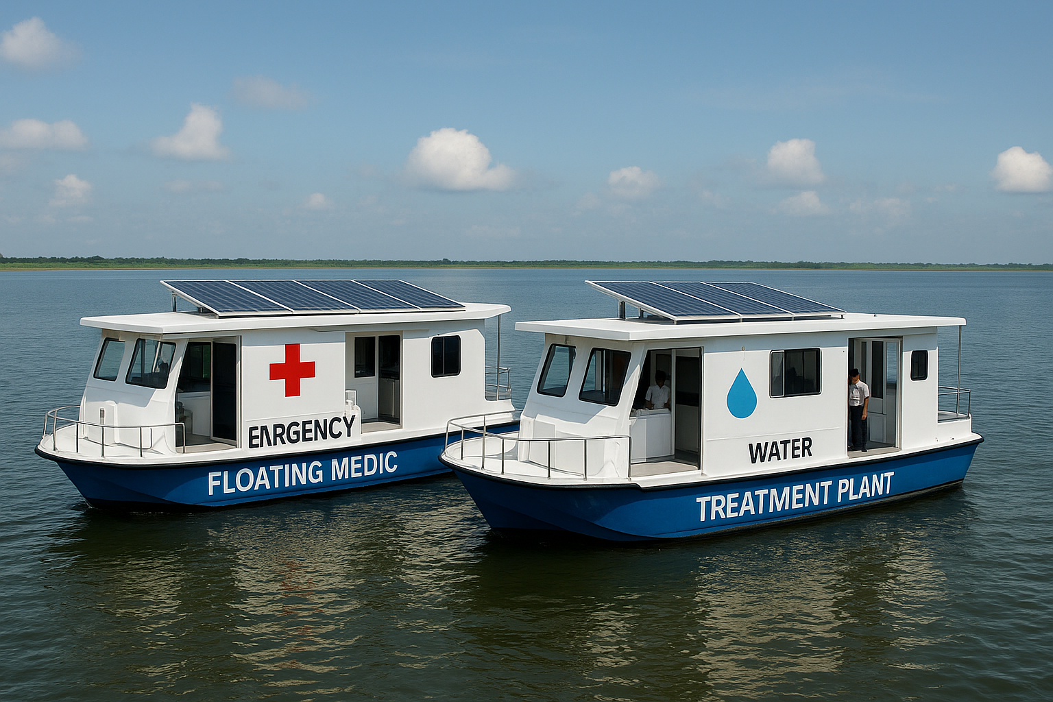 Two solar-powered boats providing floating medical care and clean water.