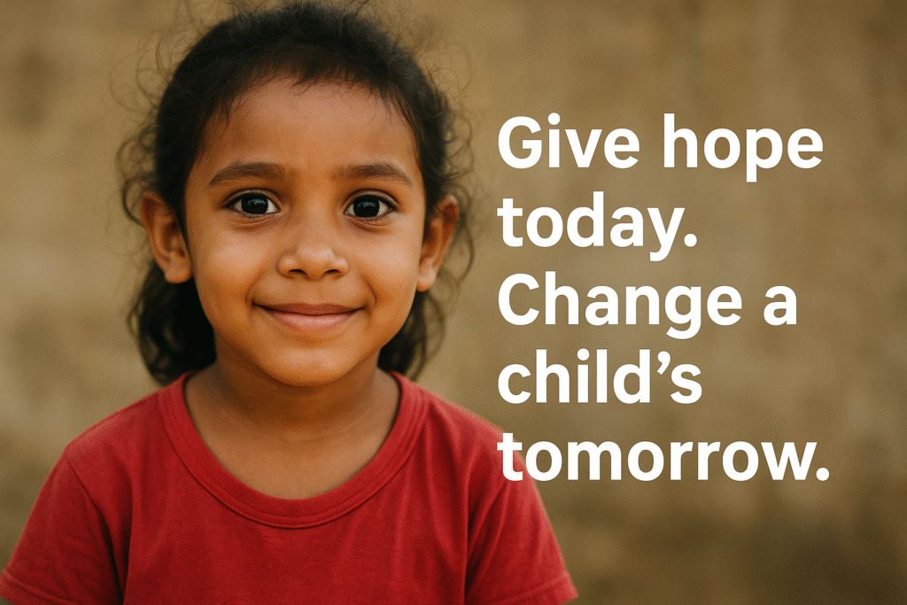 A young girl in a red shirt smiles softly at the camera, with the words “Give hope today. Change a child’s tomorrow.” written beside her on a plain beige background
