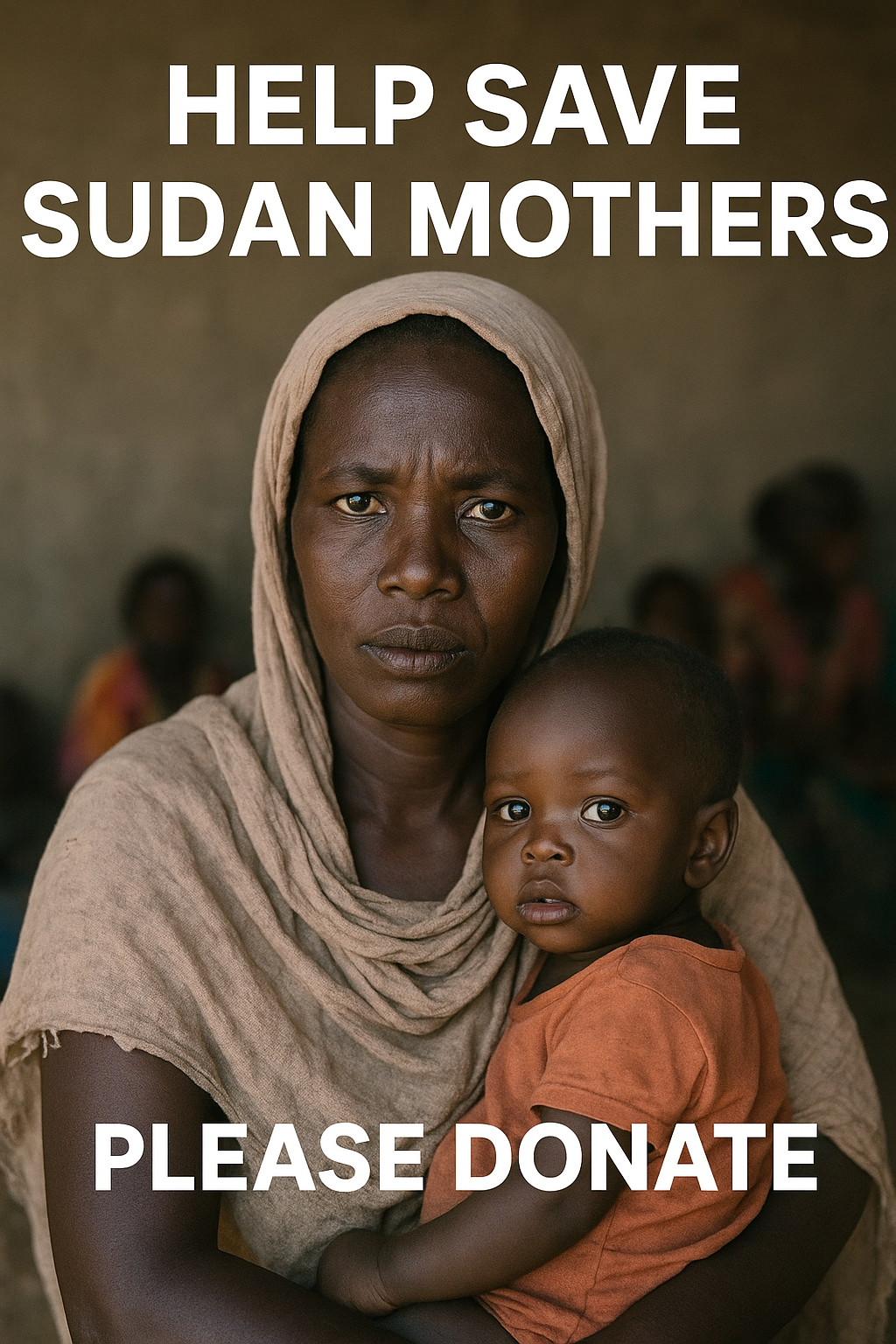 A Sudanese mother wearing a beige headscarf holds her young child close. Both look directly into the camera with serious expressions. The background is softly blurred, showing other people in muted tones. White text above and below reads, “HELP SAVE SUDAN MOTHERS” and “PLEASE DONATE.