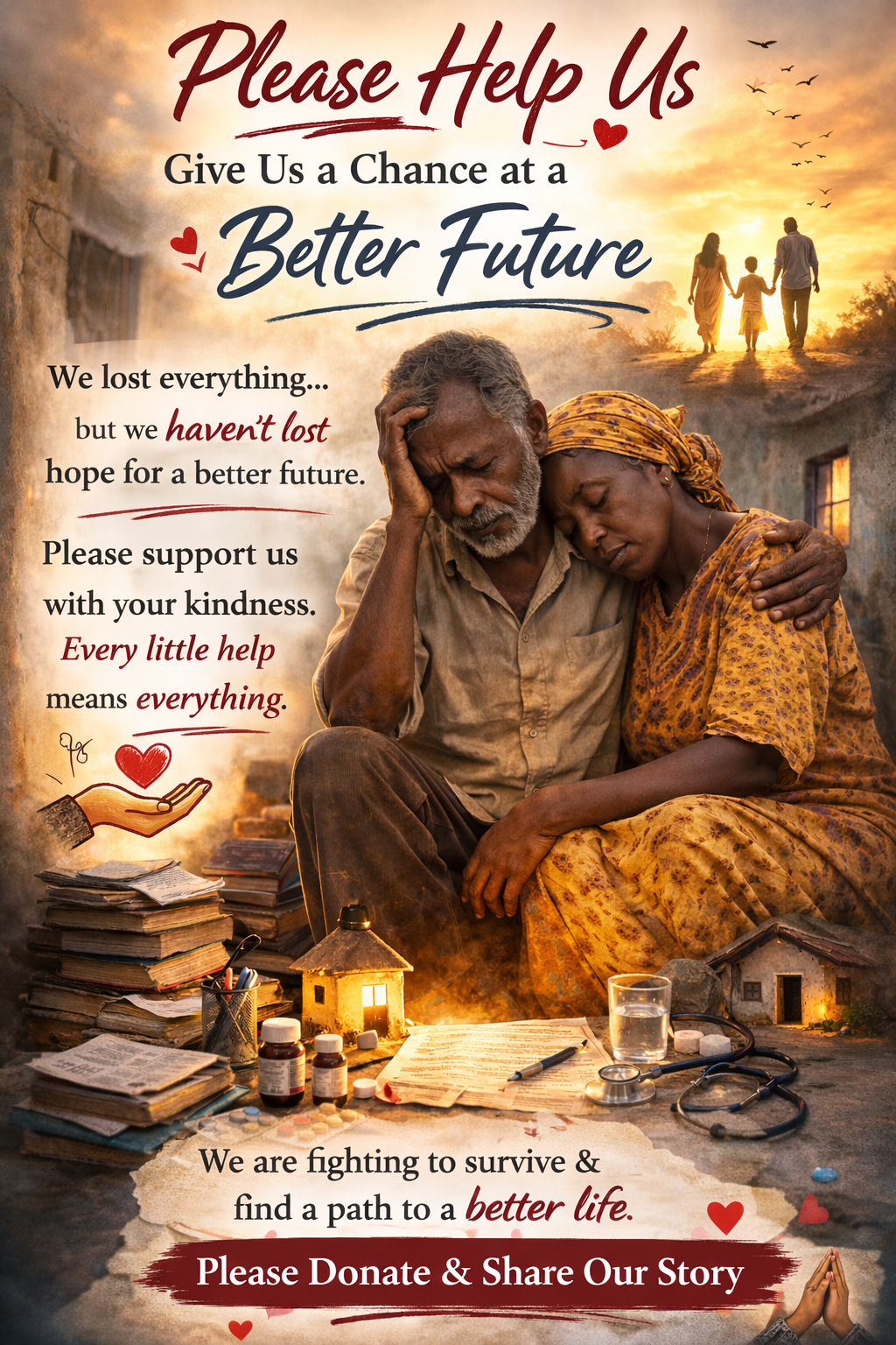 Elderly African couple sitting close together in a modest setting, looking distressed but united, surrounded by medical bills, medicine, and household items, with a fundraising message asking for support and hope for a better future.