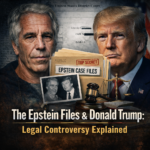 Illustration showing Jeffrey Epstein and Donald Trump facing forward with court documents, a folder labeled “Epstein Case Files,” and legal symbols like a gavel and scales of justice, representing legal controversy and public records.