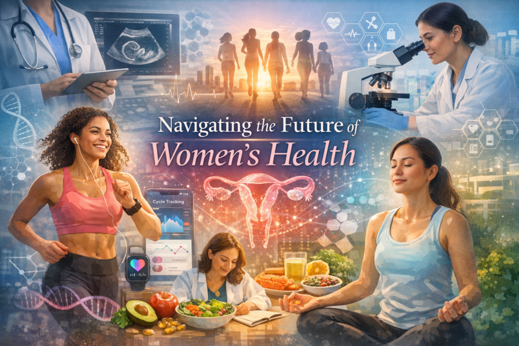 Women’s health and wellness concept showing lifestyle balance, medical research, and nutrition.