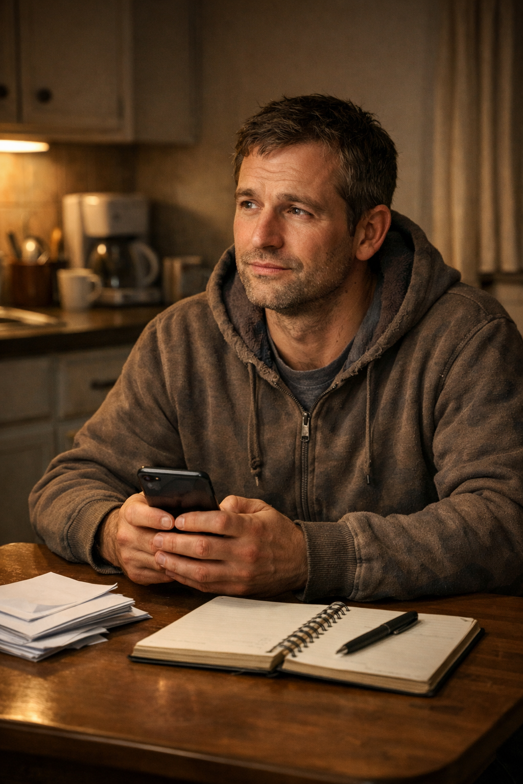 Person sitting at a kitchen table with bills, looking stressed but hopeful.