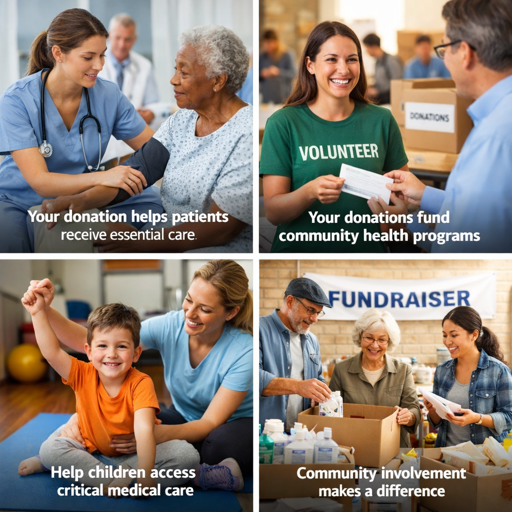 Top Left: "A nurse checking the blood pressure of an elderly patient in a community health clinic, showing care and support." Top Right: "A smiling volunteer handing a donation check to a staff member, supporting community health programs." Bottom Left: "A child receiving physical therapy from a healthcare worker, helping access critical medical care." Bottom Right: "Volunteers organizing medical supplies at a fundraiser, highlighting community involvement in healthcare support."