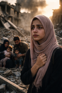 A young woman stands in the foreground with a worried, distant expression, surrounded by the rubble of destroyed buildings, while a family with small children sits behind her amid the devastation.