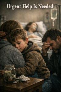 A sad family sits in a hospital room. A small child cries while hugging his mother, a father covers his face in worry, and a sick loved one lies in a hospital bed behind them.
