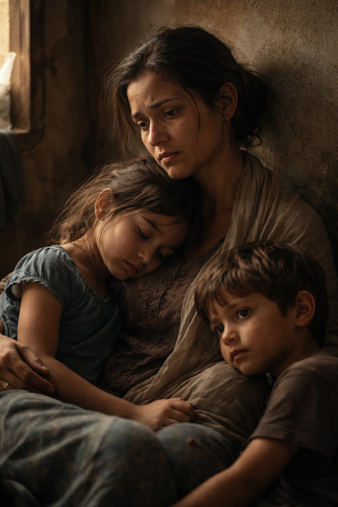A tired mother sits in a dim, modest room holding her two children close, her face showing quiet sadness and worry as the children lean against her for comfort.