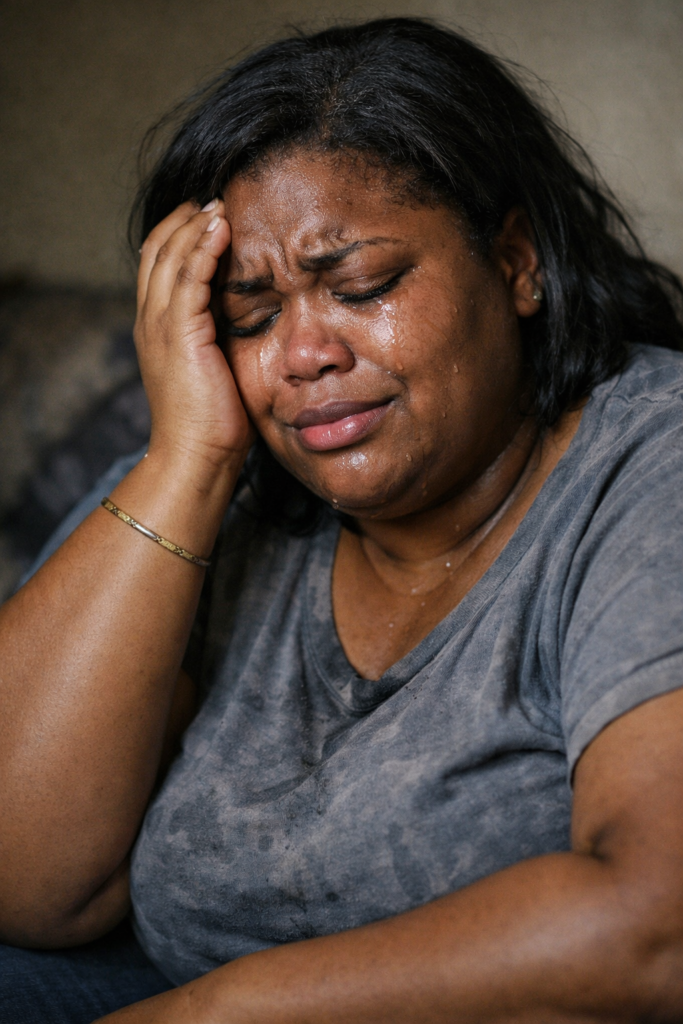 Black woman sitting alone, crying with hand on forehead, looking exhausted and heartbroken, indoors with soft lighting, showing emotional struggle and despair.