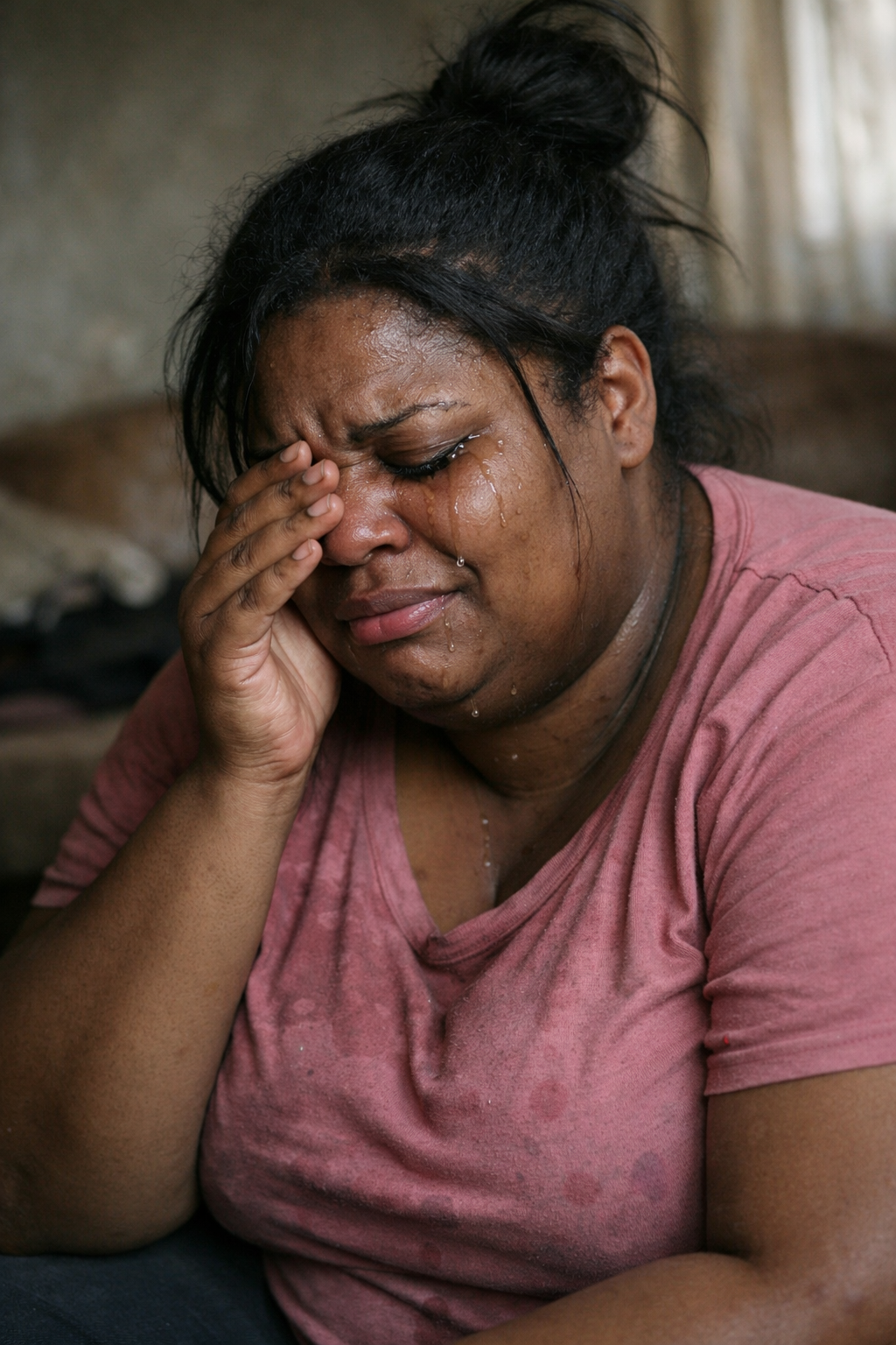 A young, overweight Black woman sitting indoors, crying with tears streaming down her face, looking exhausted and heartbroken, wearing a gray T-shirt, with her hand pressed to her forehead, conveying deep sadness and struggle.