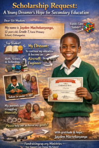 A hopeful scholarship appeal poster featuring 12-year-old Jayden Machekanyanga, a Grade 7 student from Farai Primary School in Chitungwiza, smiling and holding a Certificate of Merit, with symbols of education, a Rubik’s Cube, and an airplane representing his dream of becoming an aircraft engineer.