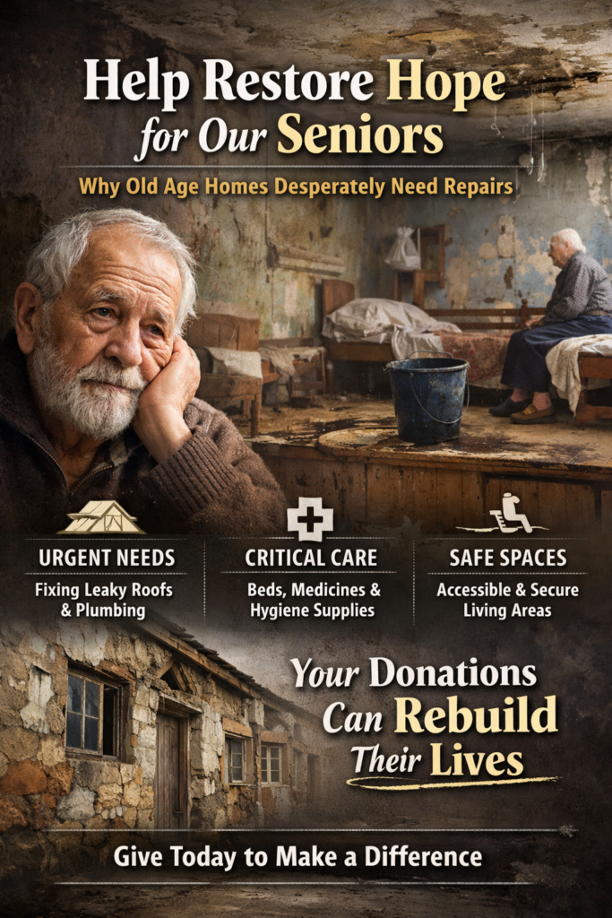 Elderly man sitting in a deteriorating old age home with peeling walls and broken facilities, highlighting the urgent need for repairs, safe living spaces, and donations to support senior care.