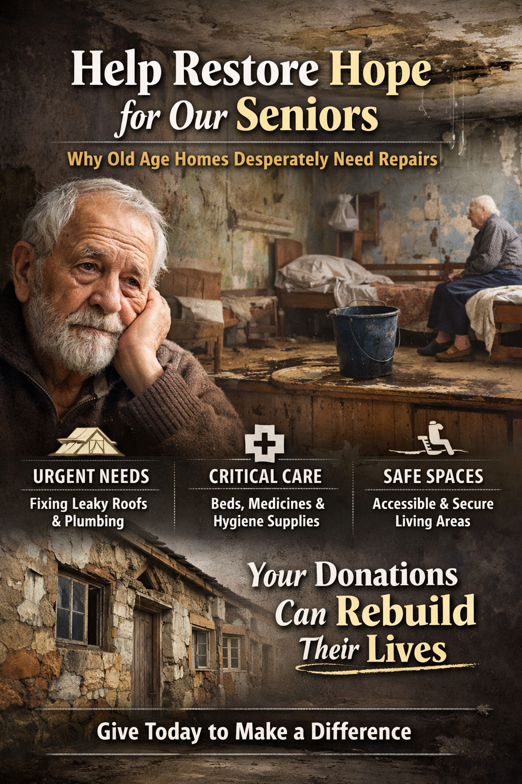Elderly man sitting in a deteriorating old age home with peeling walls and broken facilities, highlighting the urgent need for repairs, safe living spaces, and donations to support senior care.
