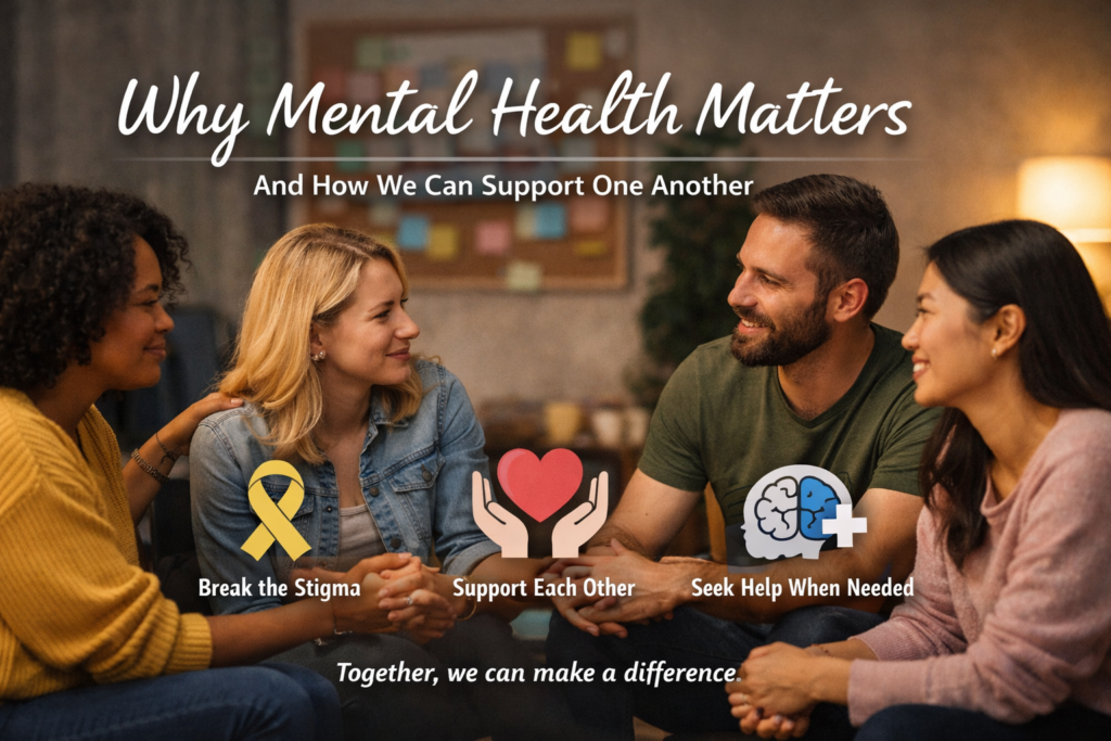 Mental health support group sharing a compassionate conversation, promoting awareness, breaking stigma, and emotional well-being.