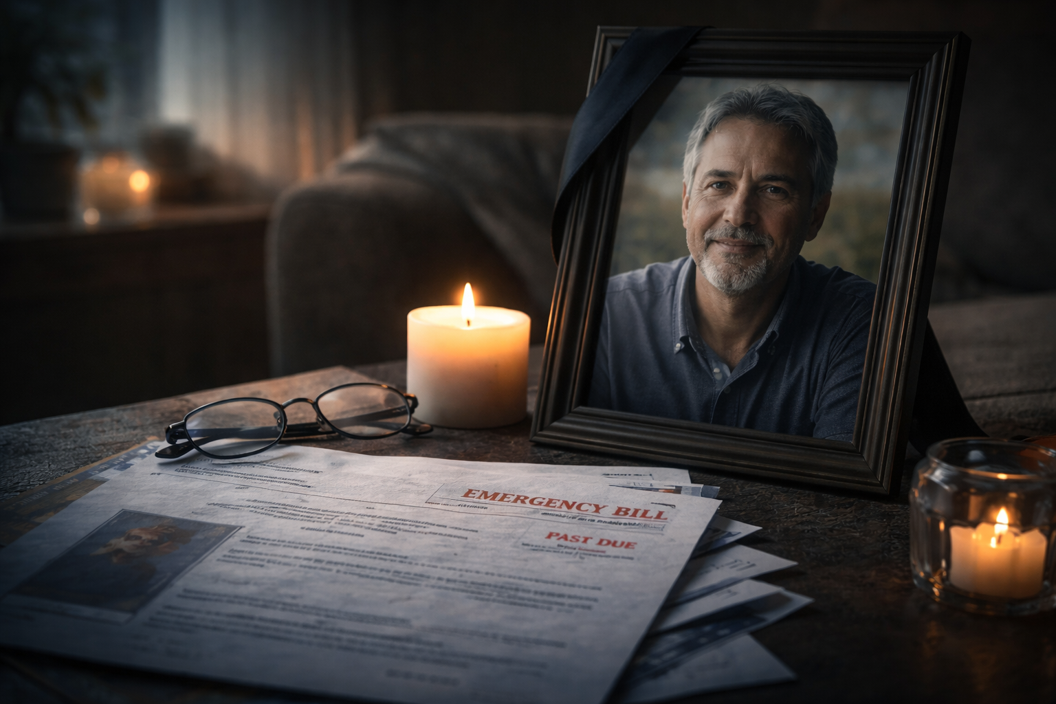 Framed photo of a deceased father beside a candle and overdue medical bills, symbolizing grief, loss, and financial hardship