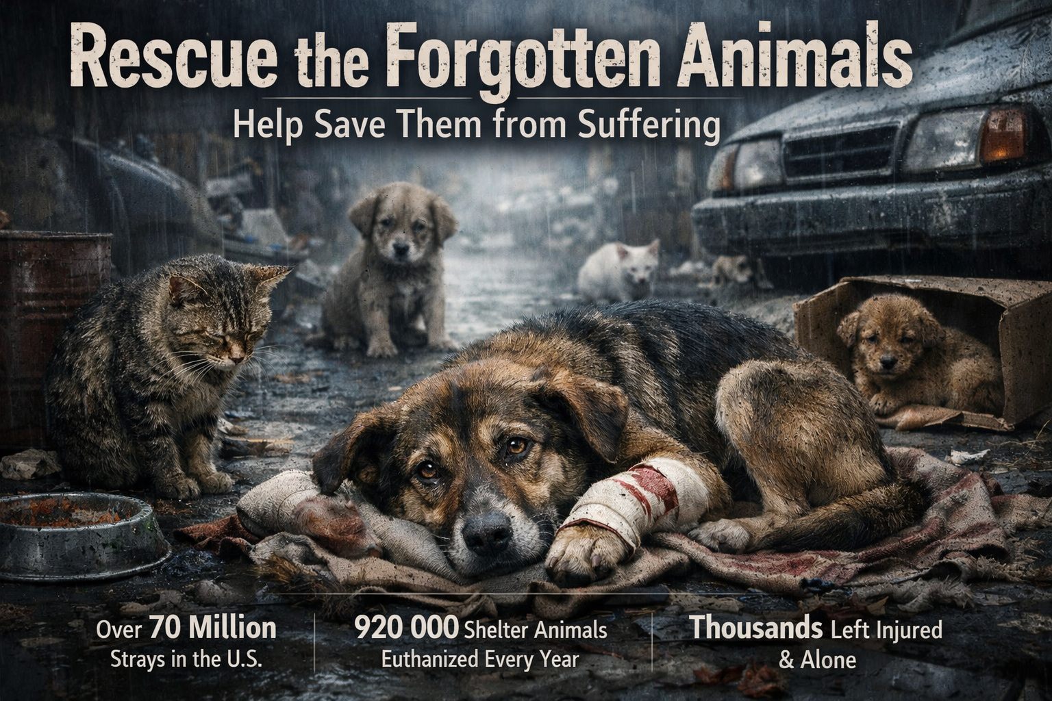 Sad injured stray dog lying in a rainy street with hungry cats and puppies nearby, representing abandoned animals needing rescue and donations.