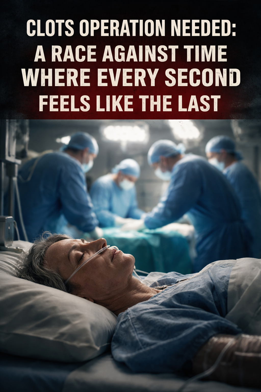 Patient lying in a hospital bed with oxygen support while a surgical team prepares for an urgent blood clot operation in the background