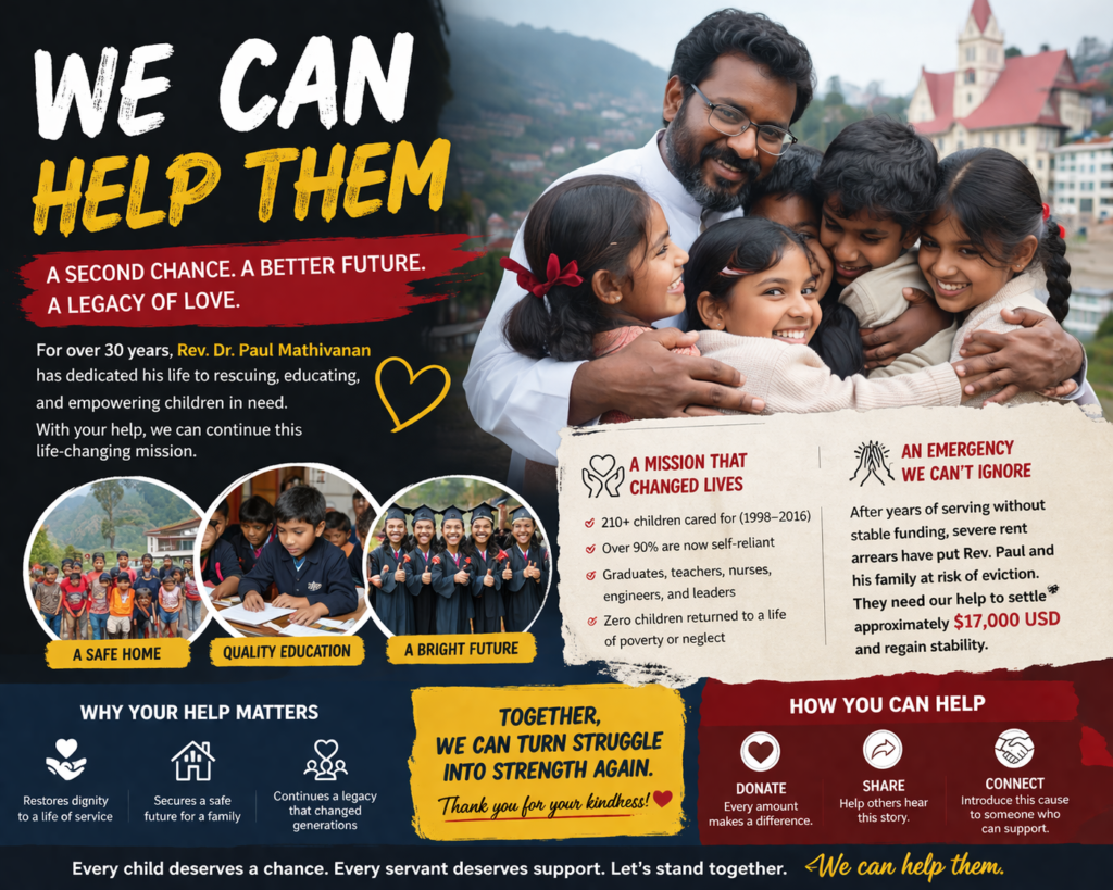 Man hugging smiling children in a mountain town, promoting a humanitarian fundraising campaign to support vulnerable children and prevent eviction.
