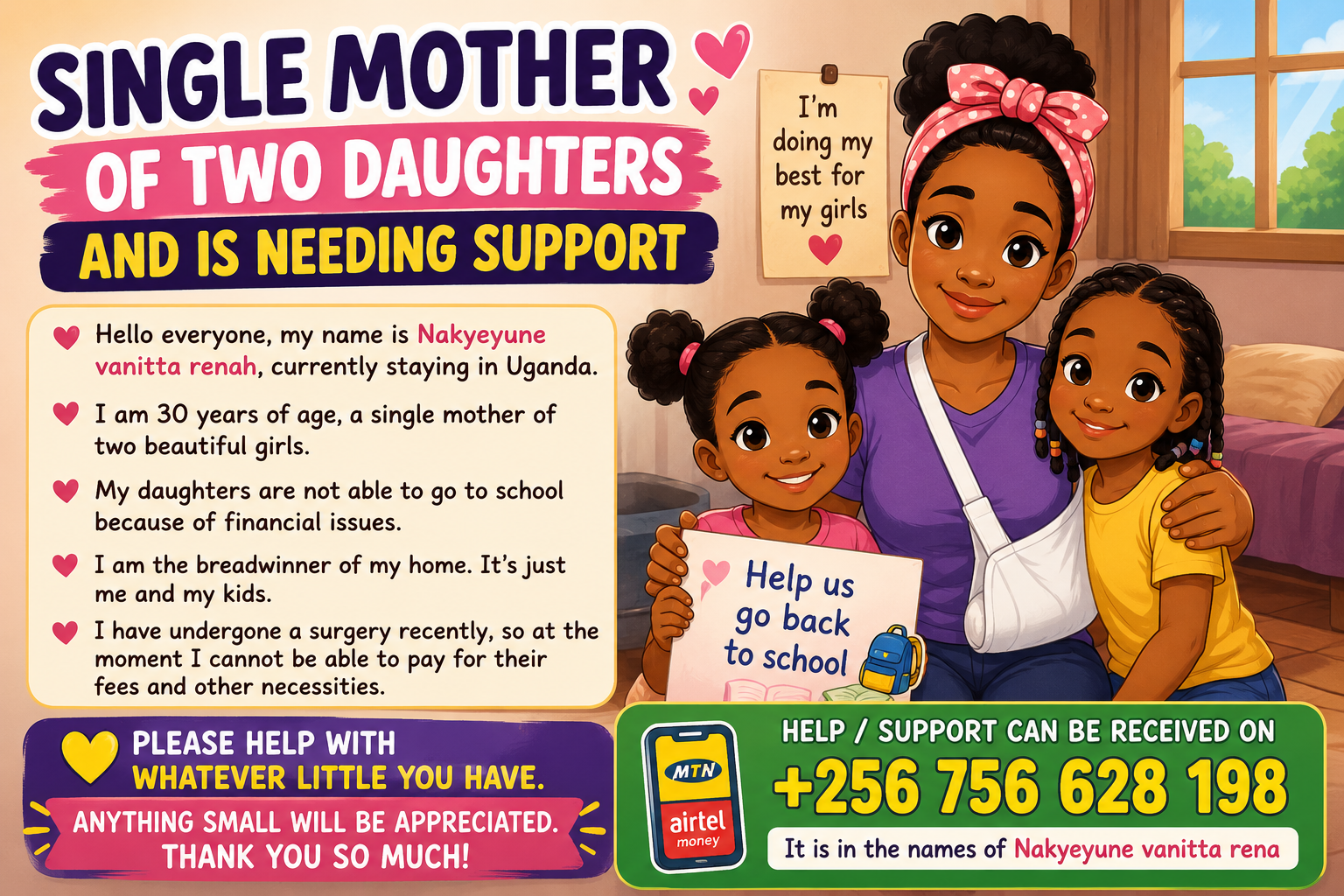 SINGLE MOTHER OF TWO DAUGHTERS AND IS NEEDING SUPPORT